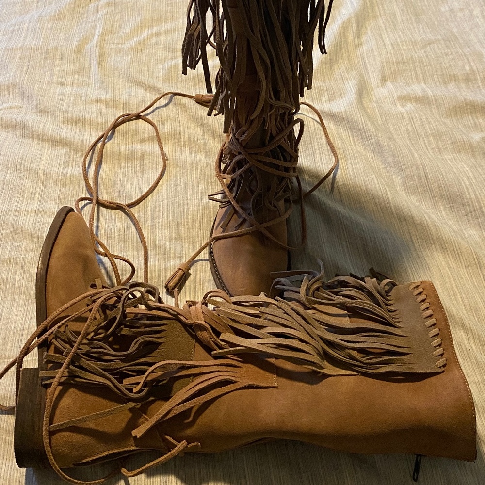 Free People Tan Suede Fringe Lace-Up Knee Boots